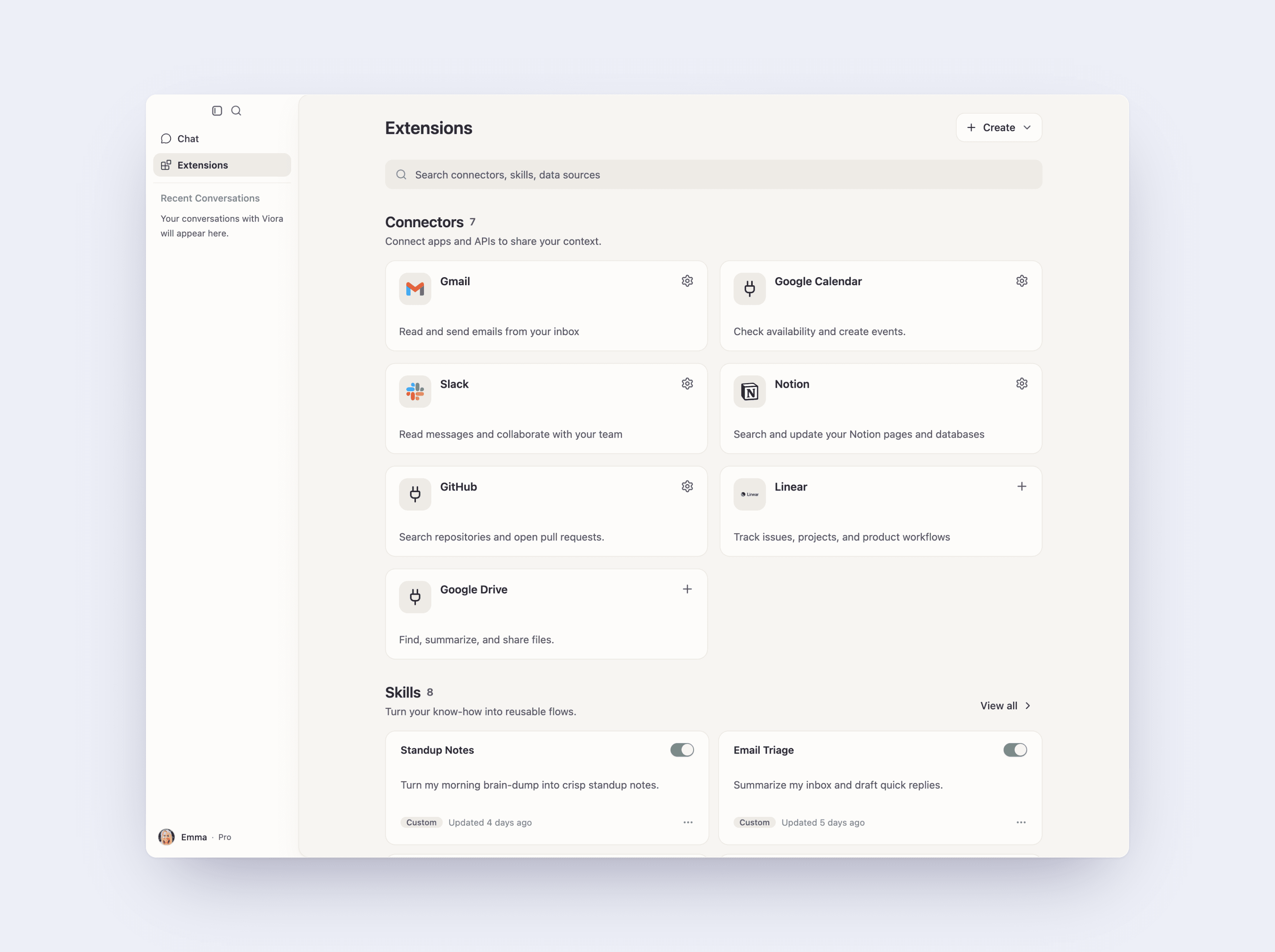 Viora Extensions page showing connected apps and skills