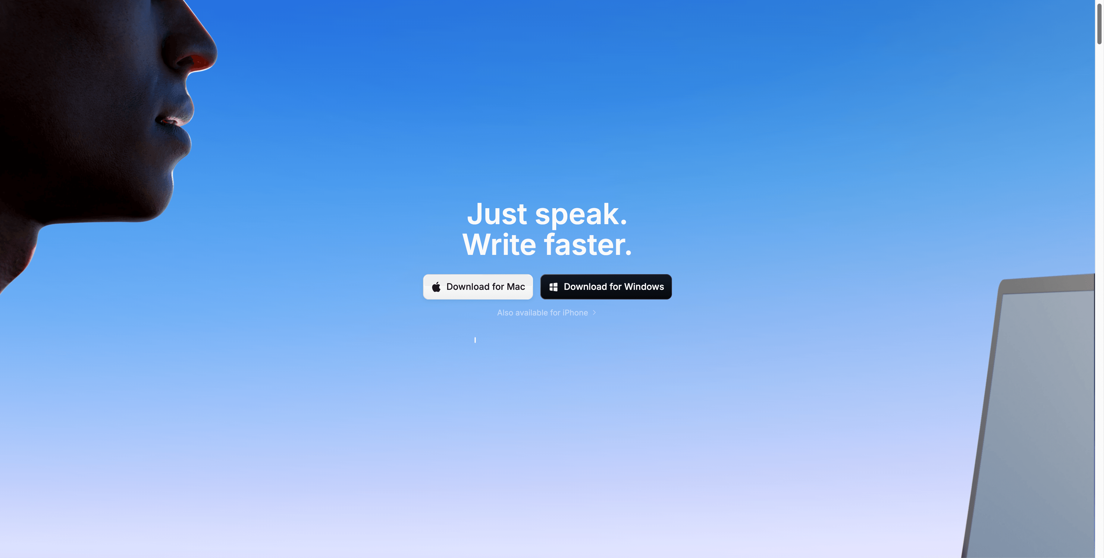 Superwhisper homepage showing voice-to-text positioning