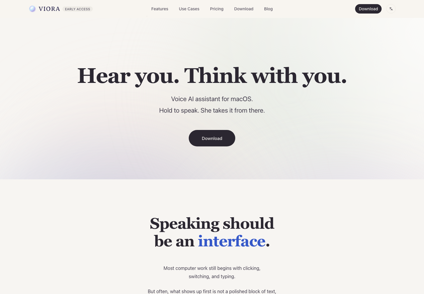 Viora homepage showing its voice AI assistant for macOS positioning