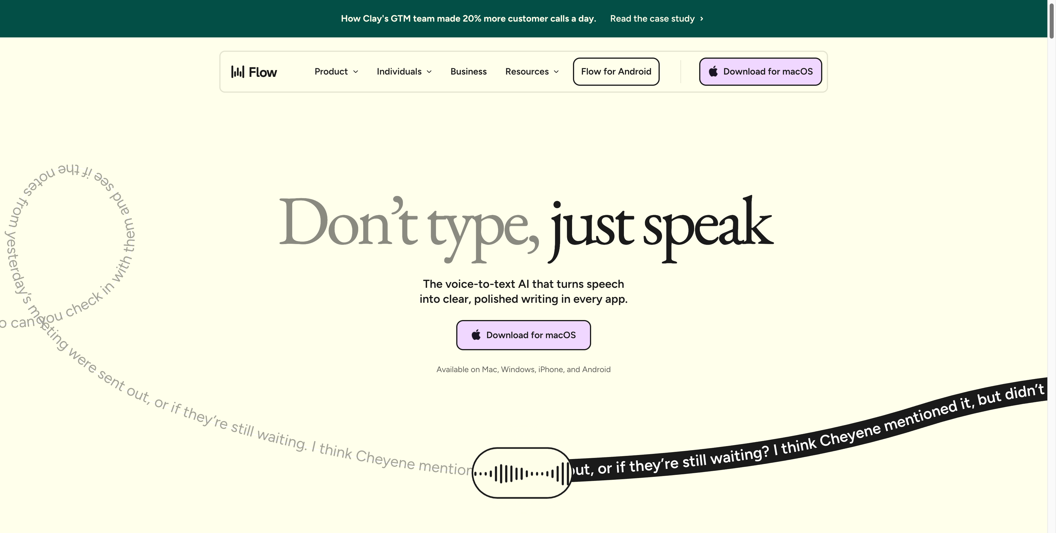Wispr Flow homepage showing cross-platform voice-to-text positioning